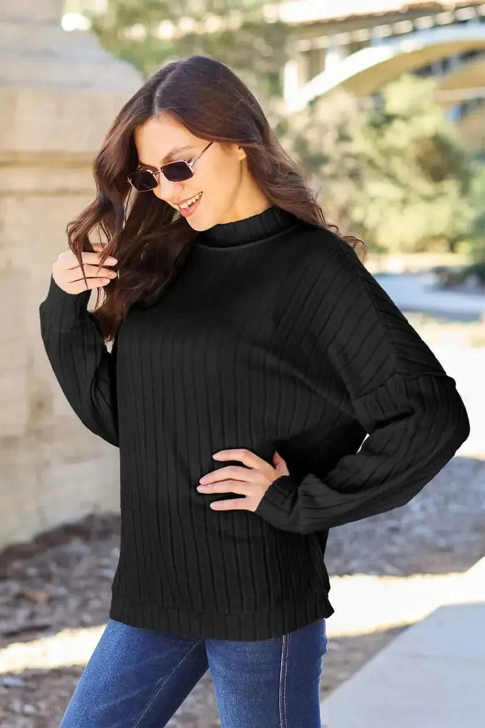 Basic Bae Full Size Ribbed Exposed Seam Mock Neck Knit Top - Bad Moms Club