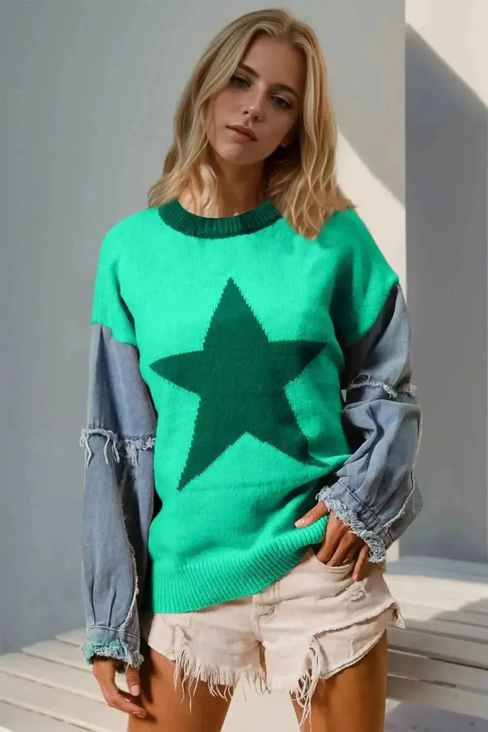 Double Take Full Size Star Pattern Raw Edge Long Sleeve Sweater - Bad Moms Club