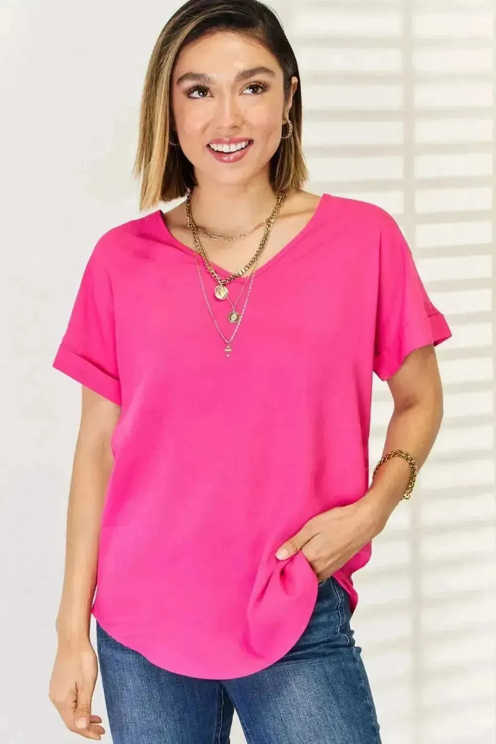 Zenana V-Neck Rolled Short Sleeve T-Shirt - Bad Moms Club