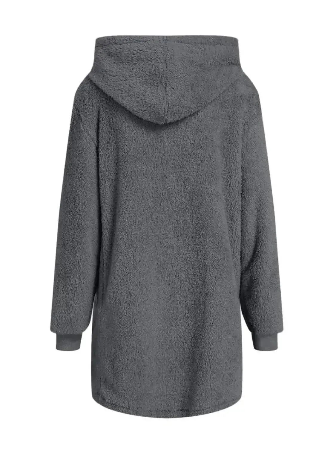 Fuzzy Pocketed Zip Up Long Sleeve Hooded Jacket - Bad Moms Club