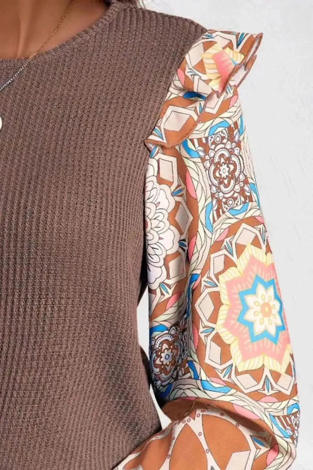 Ruffled Printed Round Neck Long Sleeve Top - Bad Moms Club