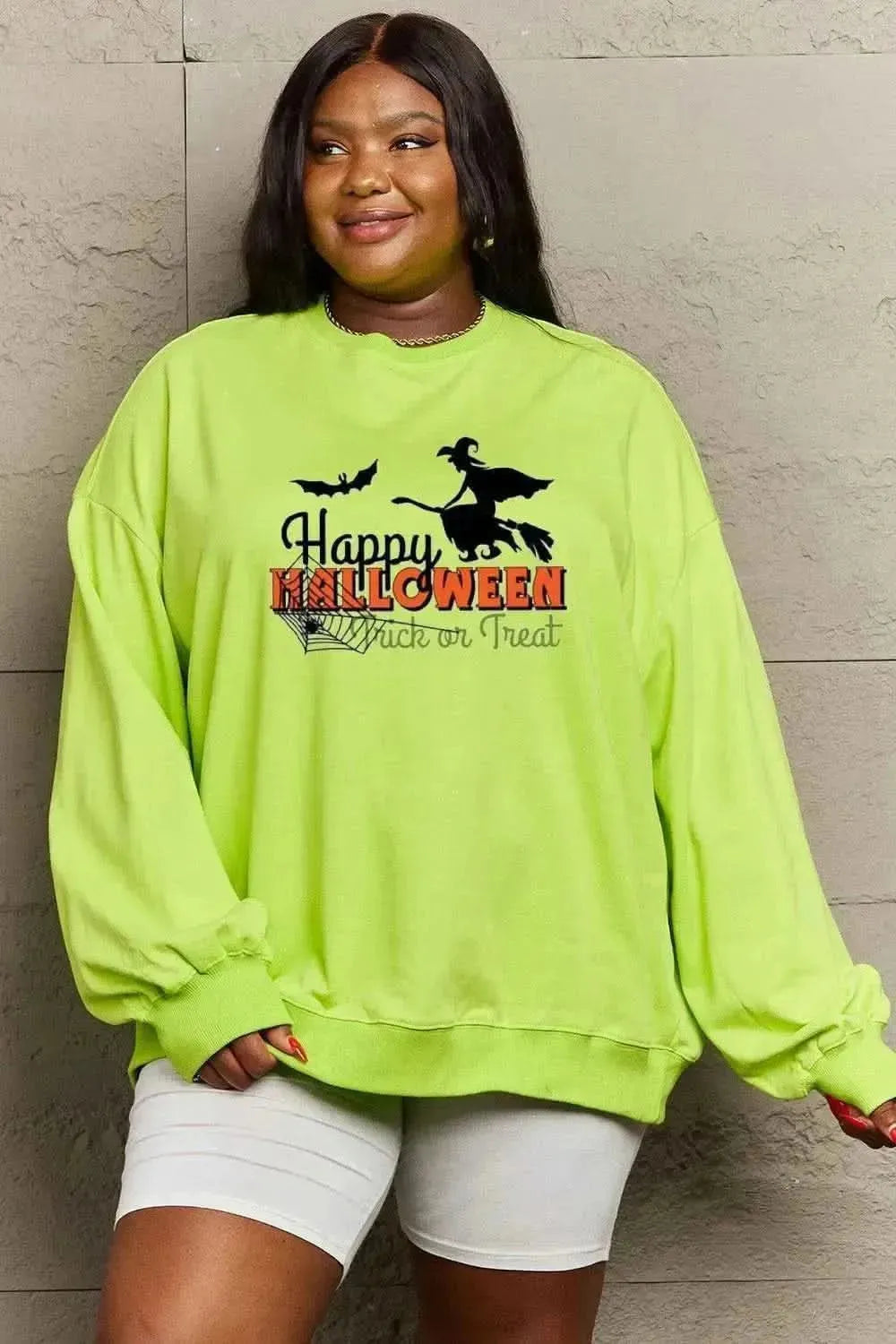 Simply Love Full Size HAPPY HALLOWEEN TRICK OR TREAT Graphic Sweatshirt - Bad Moms Club