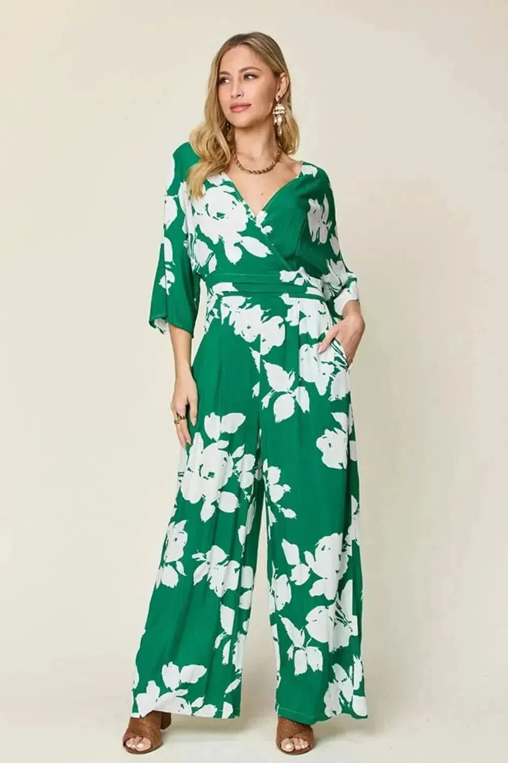 Double Take Full Size Printed Tie Back Wide Leg Jumpsuit - Bad Moms Club