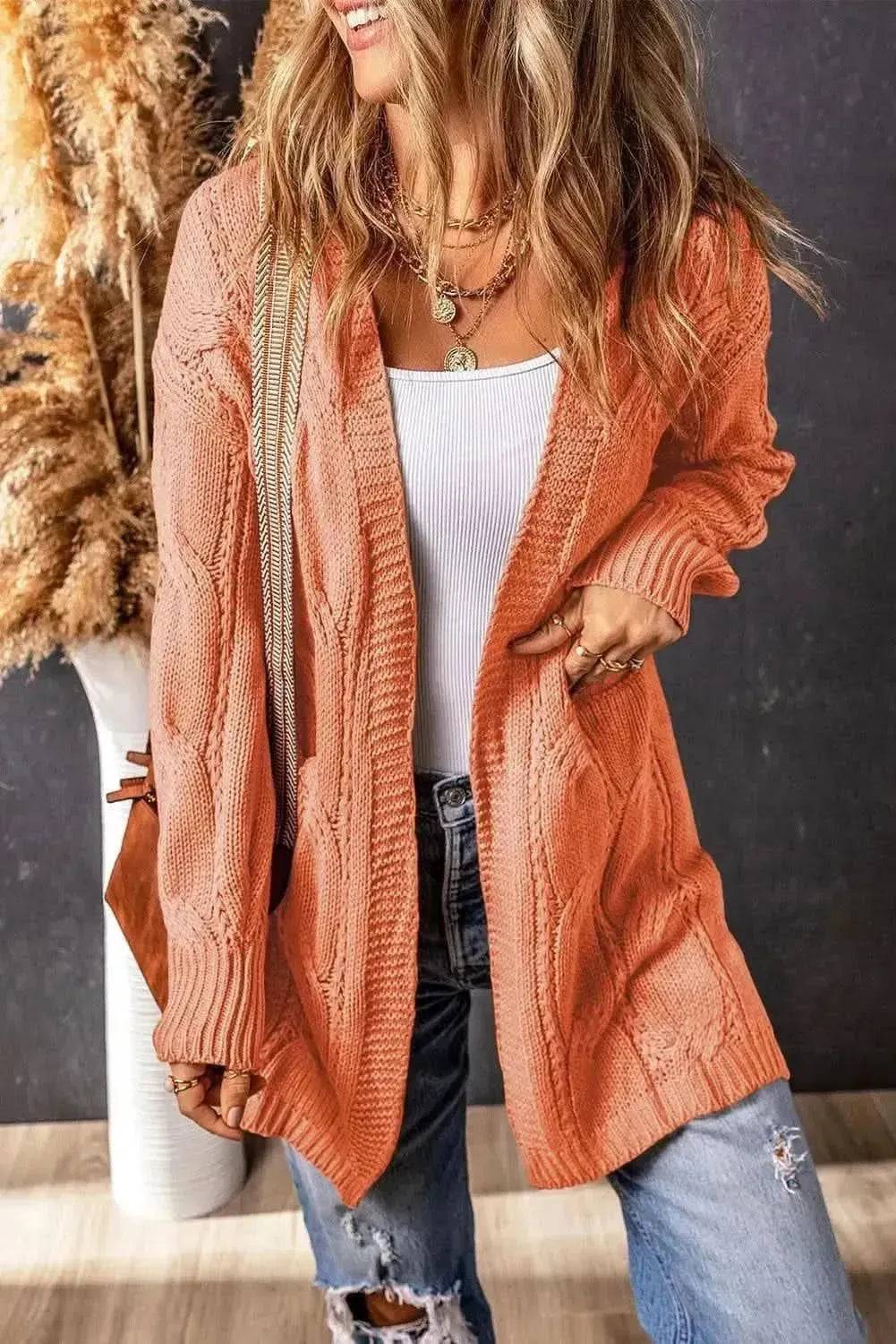 Cable-Knit Dropped Shoulder Slit Cardigan - Bad Moms Club