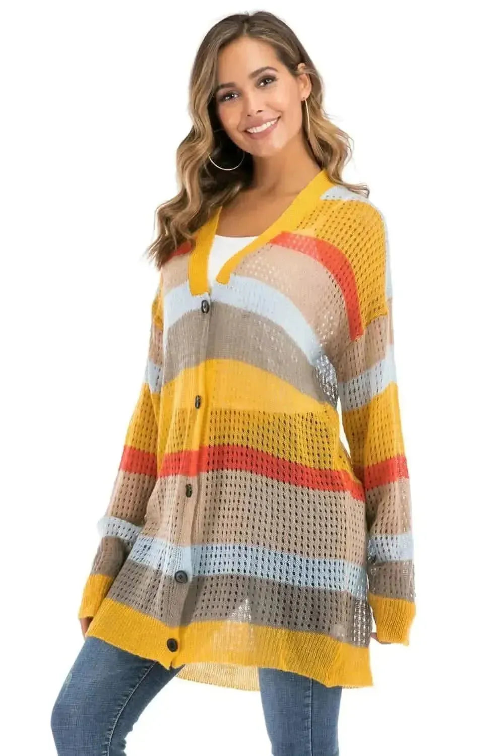 Color Block Openwork Long Sleeve Cardigan - Bad Moms Club