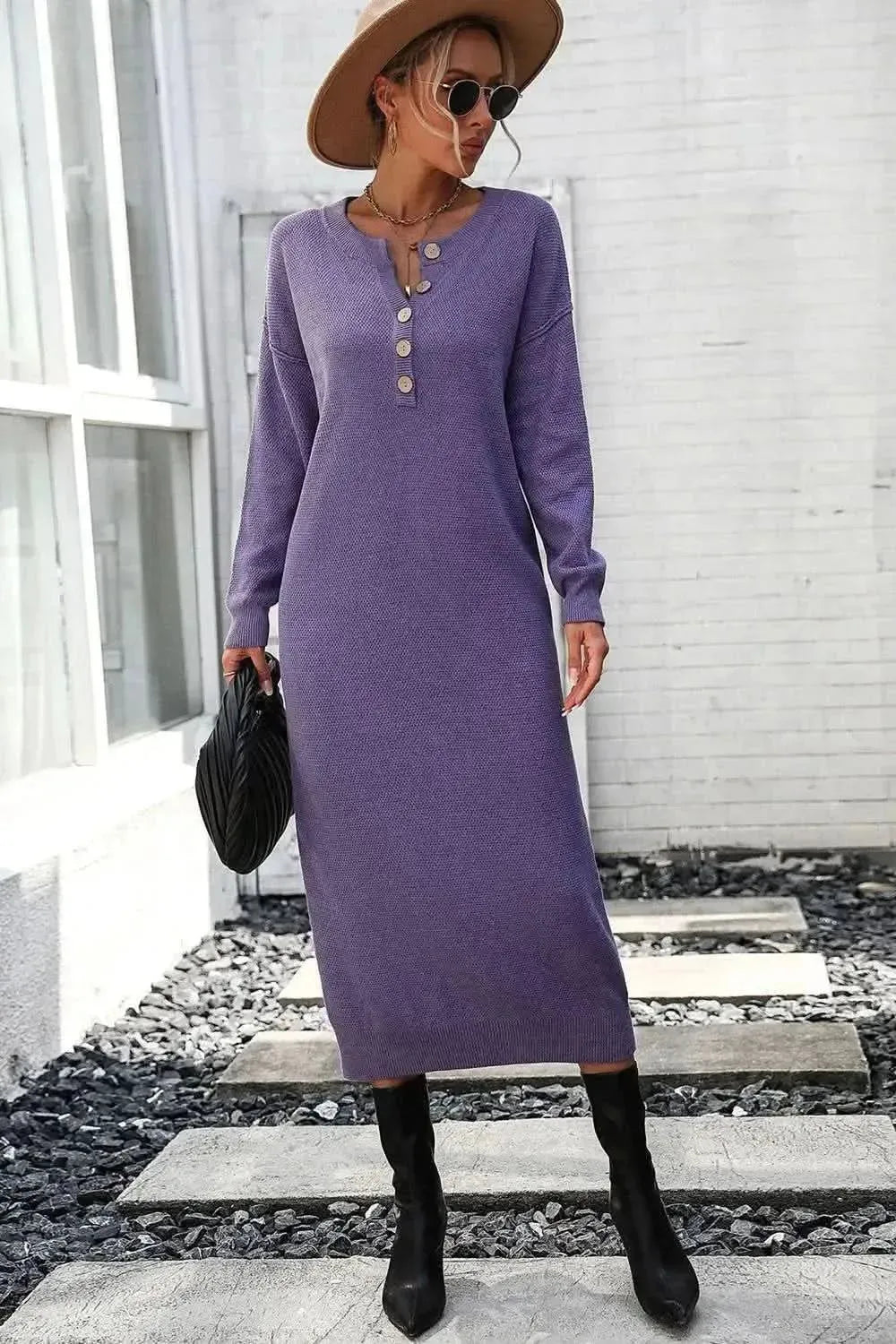 Decorative Button Notched Dropped Shoulder Sweater Dress - Bad Moms Club