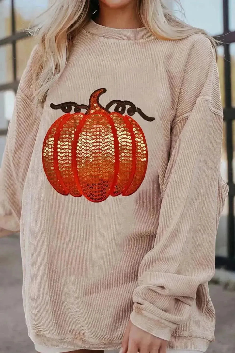 Sequin Pumpkin Round Neck Long Sleeve Sweatshirt - Bad Moms Club