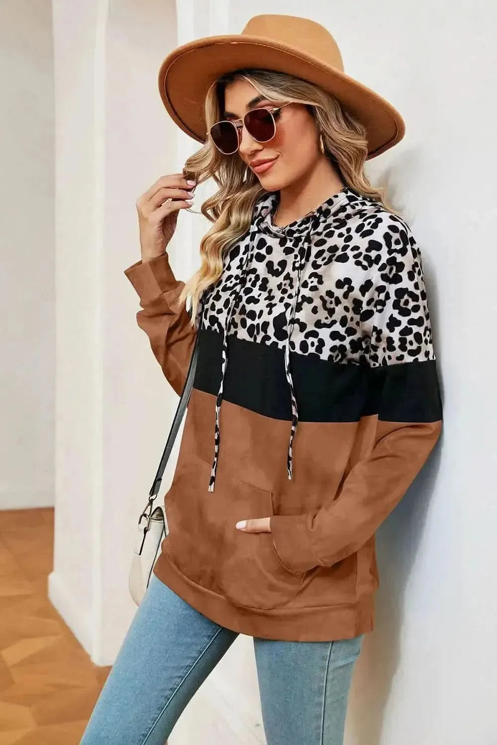 Leopard Drawstring Hoodie with Pocket - Bad Moms Club