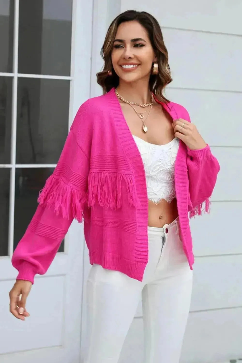 Fringe Trim Open Front Cardigan - Bad Moms Club