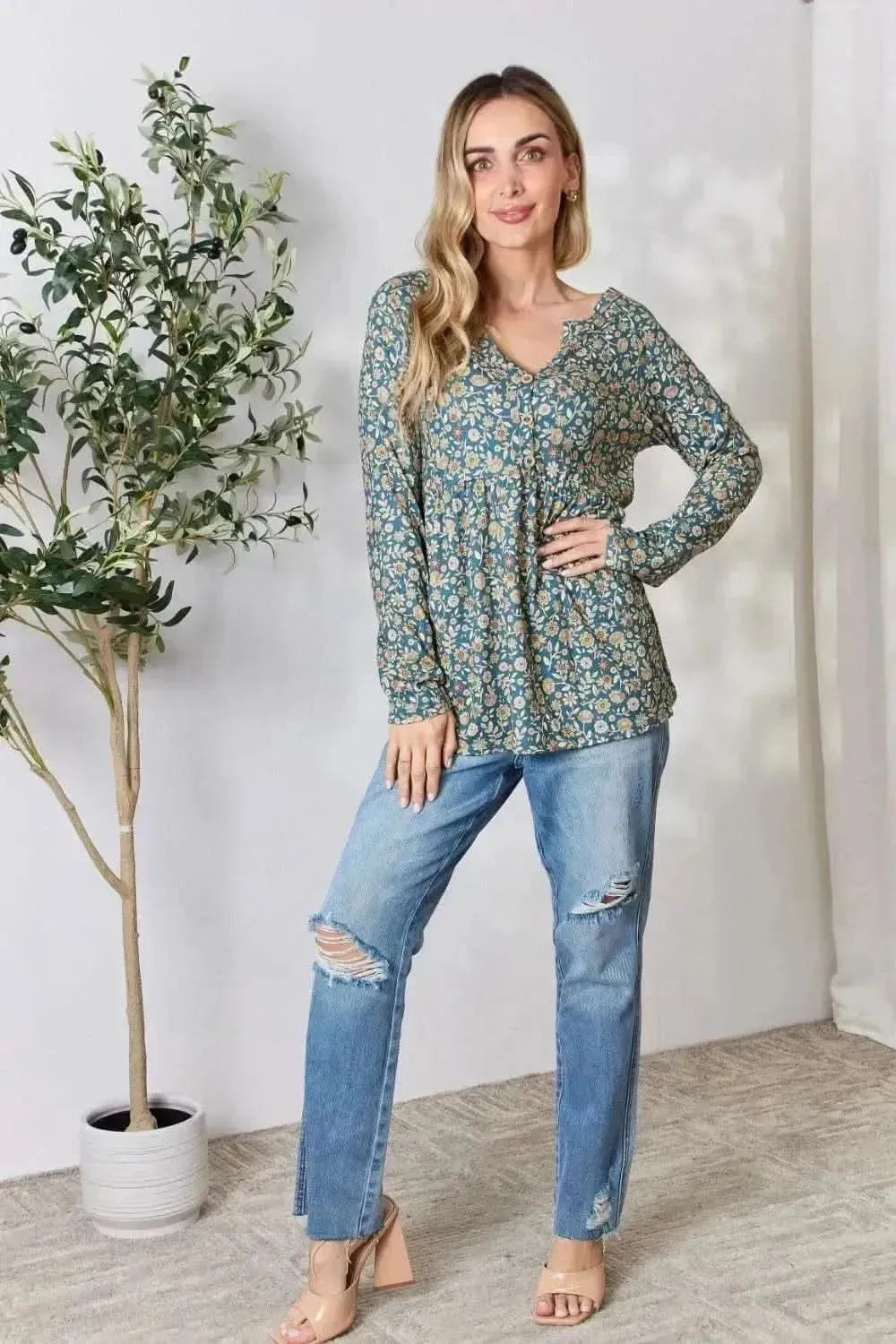 Heimish Full Size Floral Half Button Long Sleeve Blouse - Bad Moms Club