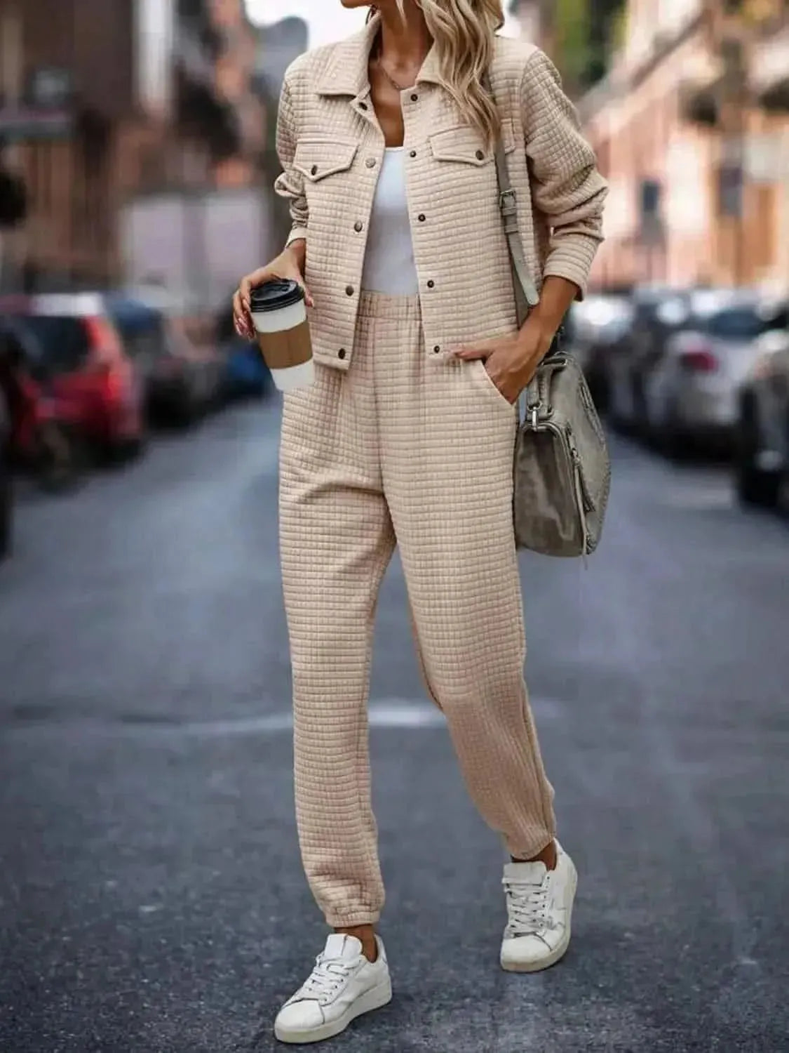 Plaid Texture Snap Down Top and Pants Set - Bad Moms Club