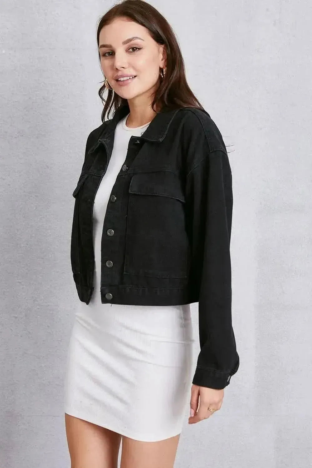 Button Up Dropped Shoulder Denim Jacket - Bad Moms Club