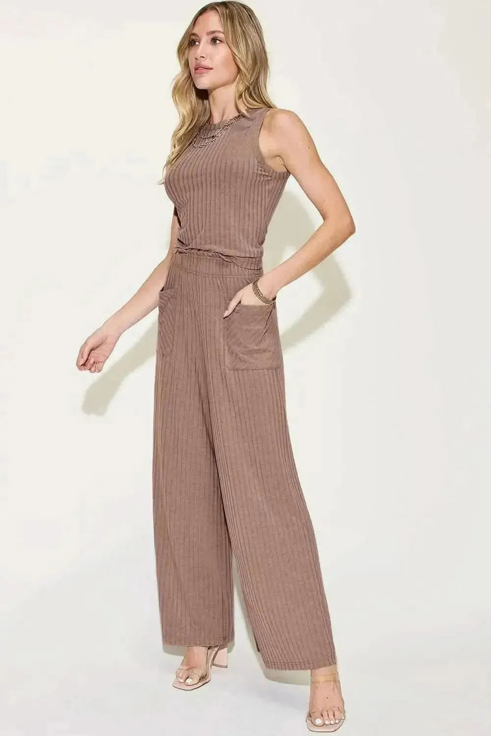 Basic Bae Full Size Ribbed Tank and Wide Leg Pants Set - Bad Moms Club