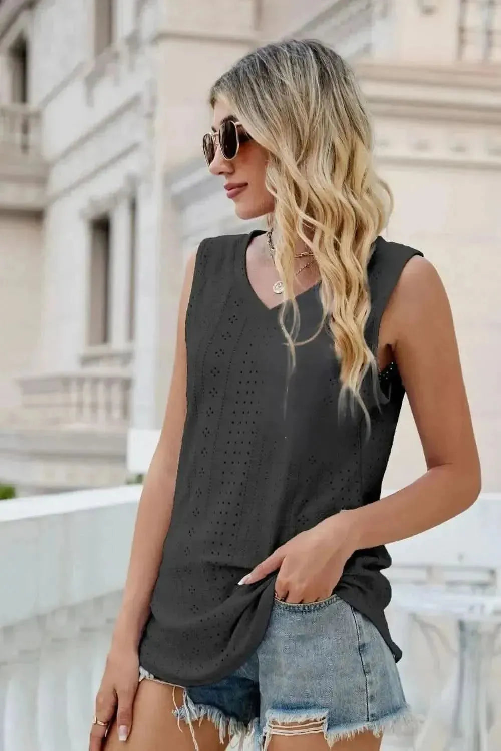 Eyelet V-Neck Tank - Bad Moms Club