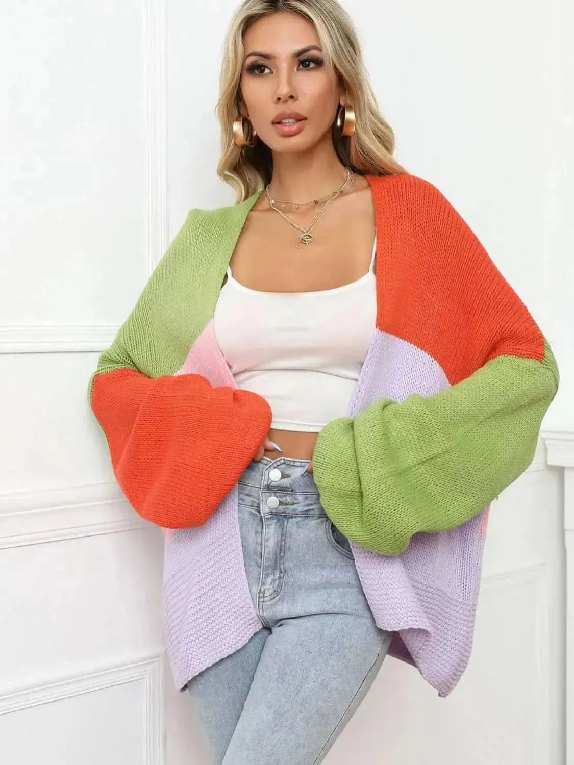 Color Block Open Front Balloon Sleeve Longline Cardigan - Bad Moms Club