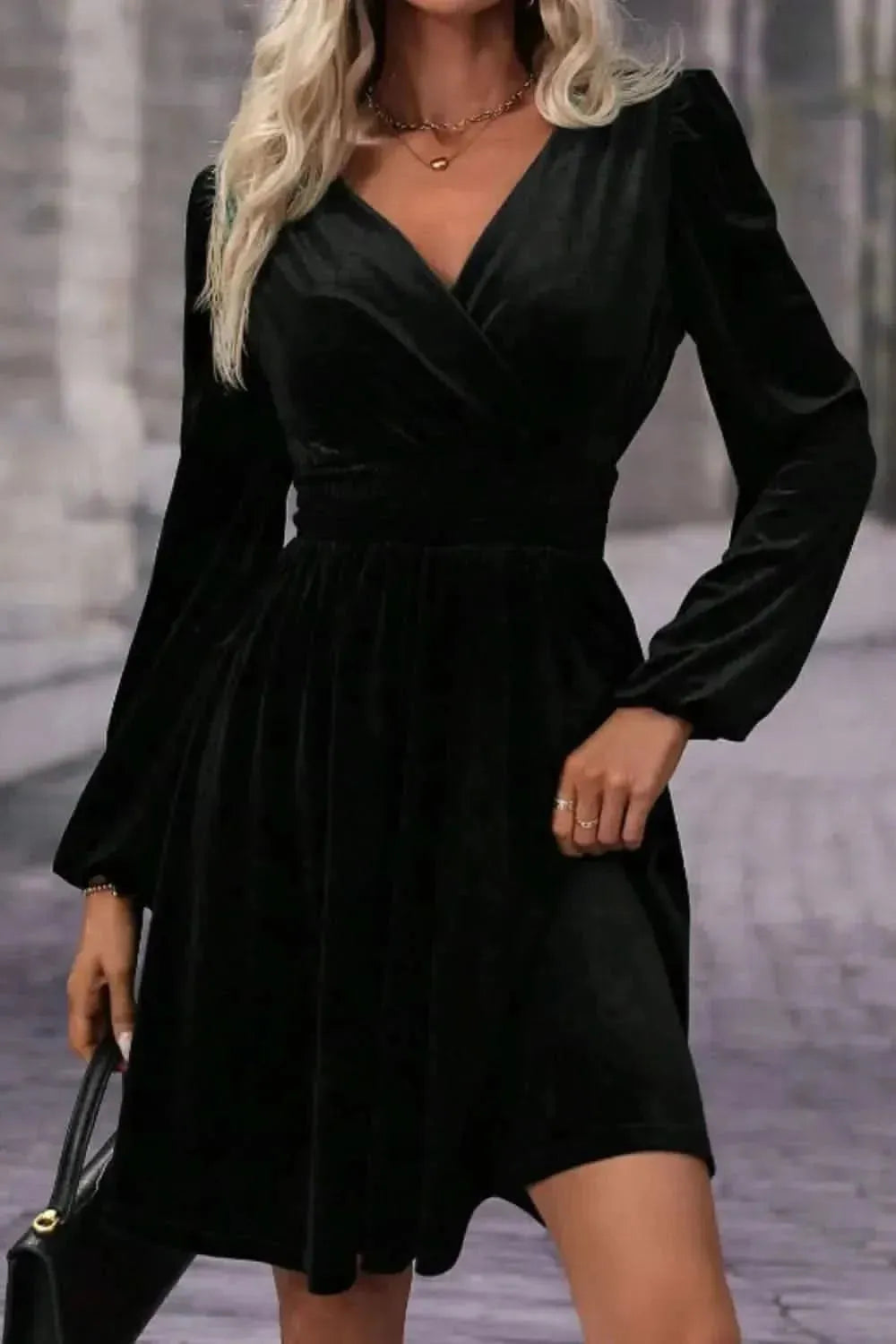 Surplice Long Sleeve Velvet Dress - Bad Moms Club