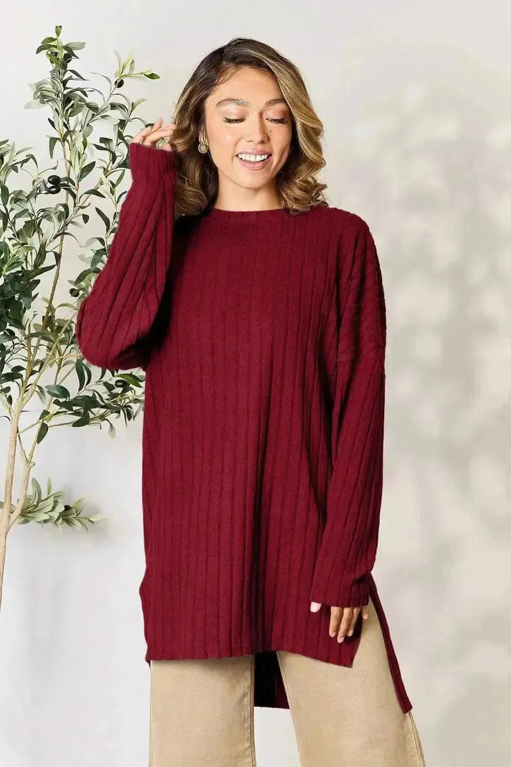 Basic Bae Full Size Ribbed Round Neck Long Sleeve Slit Top - Bad Moms Club