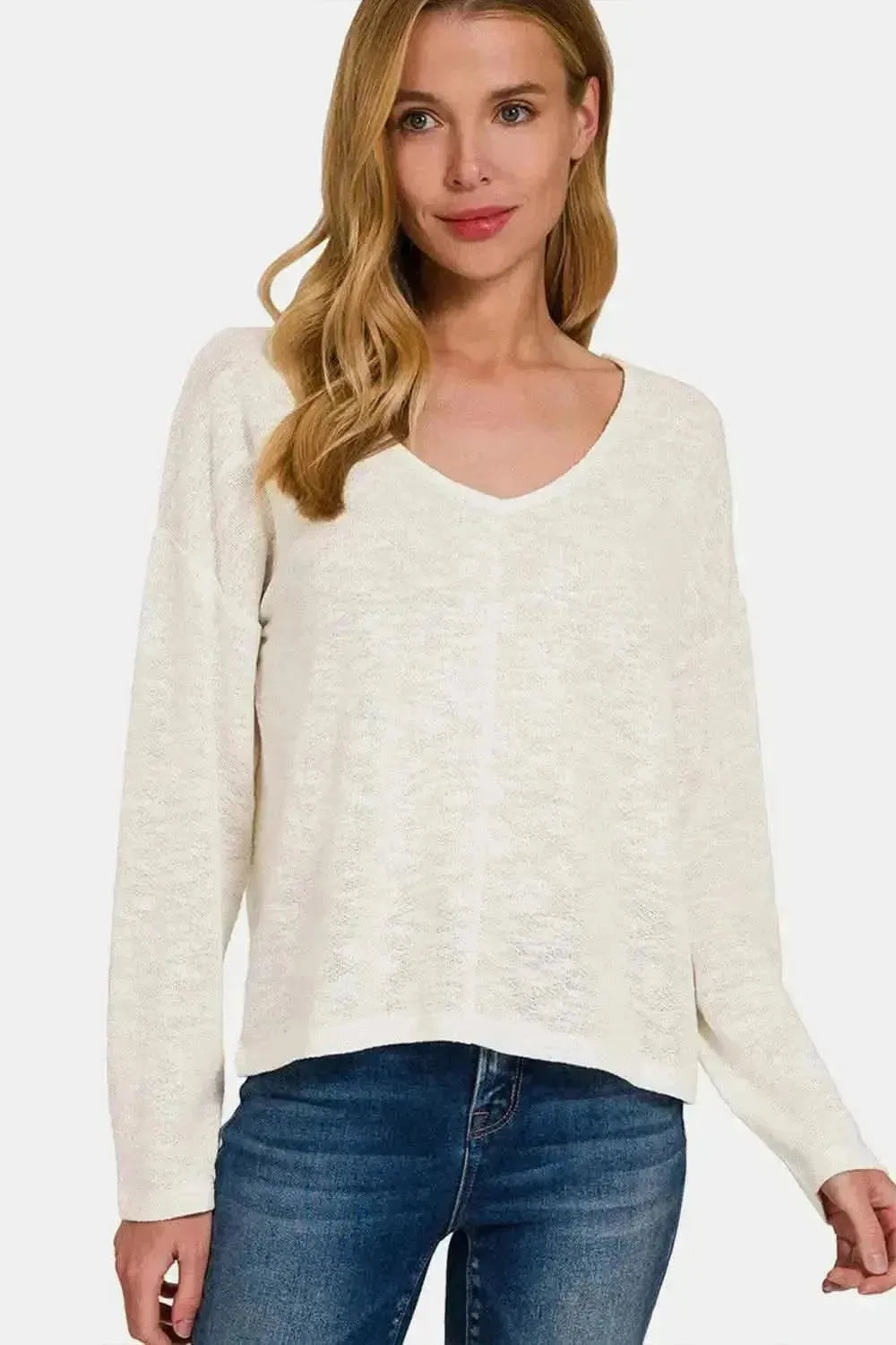 Zenana V-Neck Dropped Shoulder Long Sleeve T-Shirt - Bad Moms Club