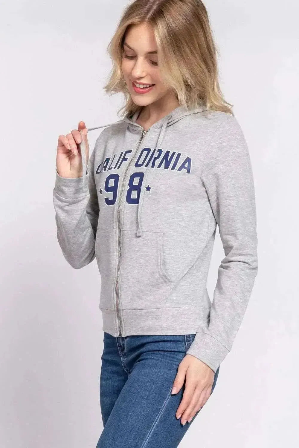 ACTIVE BASIC CALIFORNIA Zip Up Drawstring Long Sleeve Hoodie - Bad Moms Club