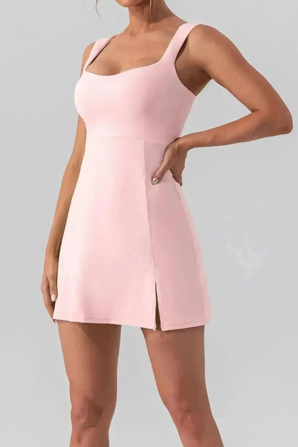 Square Neck Sleeveless Slit Mini Active Dress - Bad Moms Club