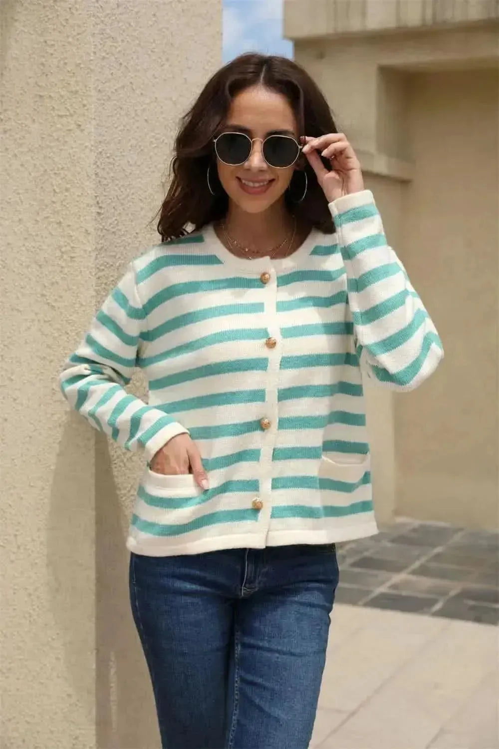 Striped Round Neck Button-Down Dropped Shoulder Cardigan - Bad Moms Club