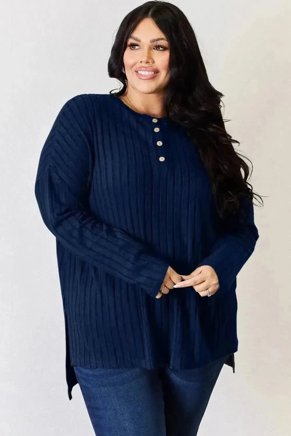 Basic Bae Full Size Ribbed Half Button Long Sleeve High-Low T-Shirt - Bad Moms Club