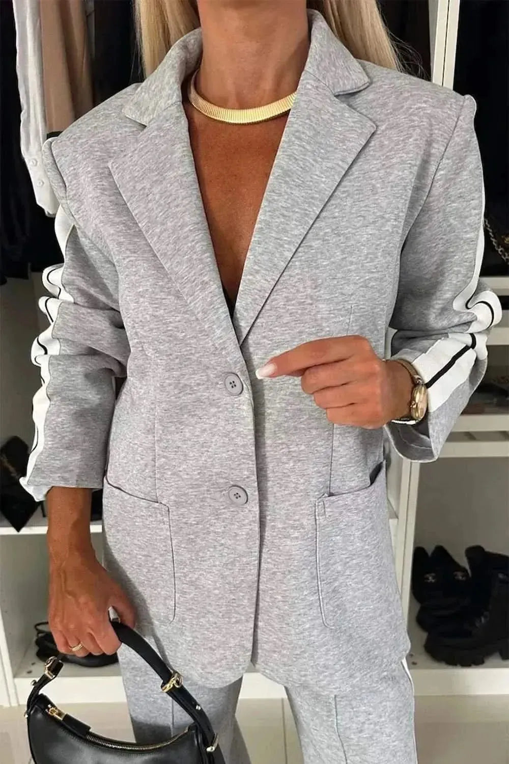 Full Size Contrast Lapel Collar Top and Pants Set - Bad Moms Club