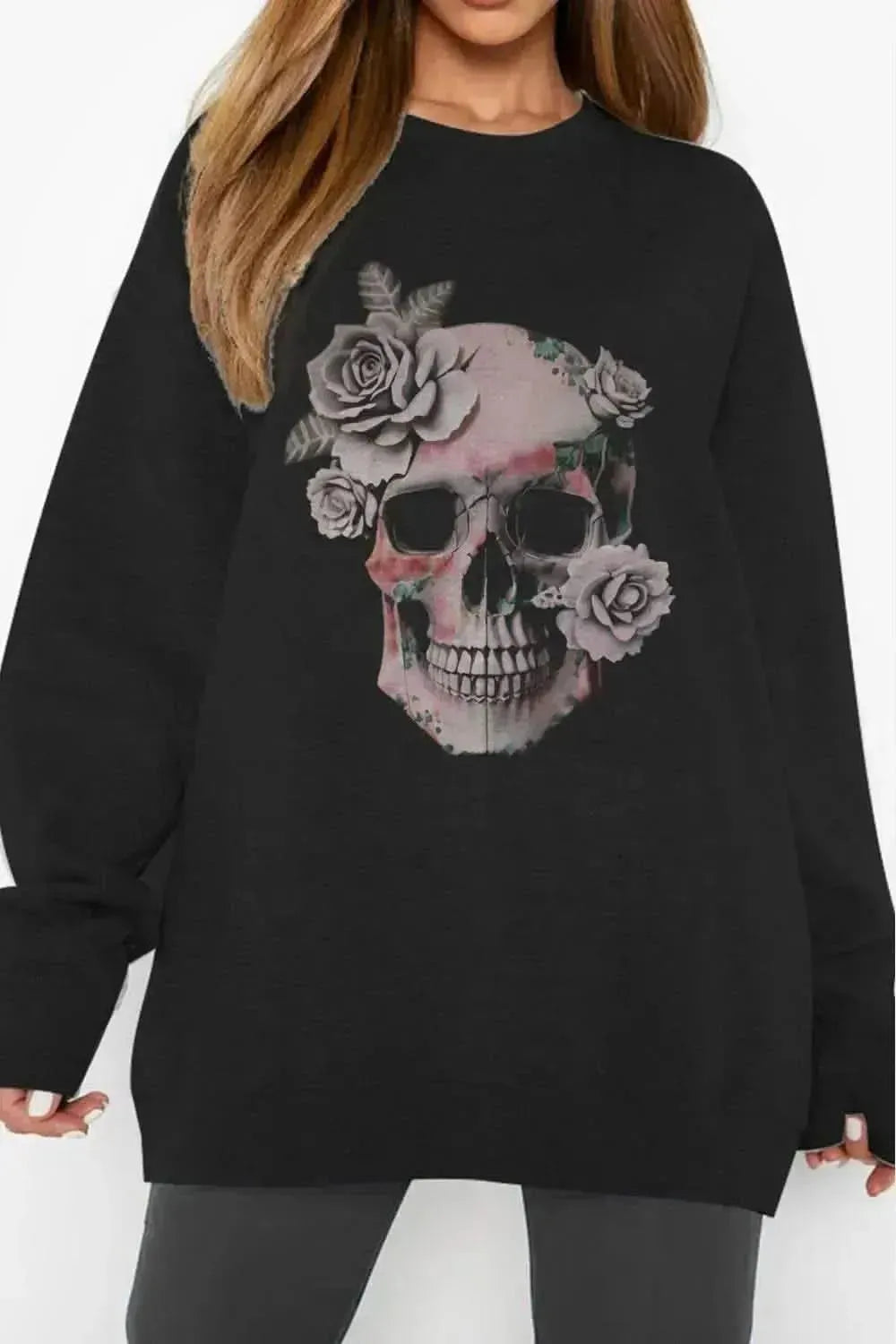 Simply Love Simply Love Full Size Dropped Shoulder SKULL Graphic Sweatshirt - Bad Moms Club