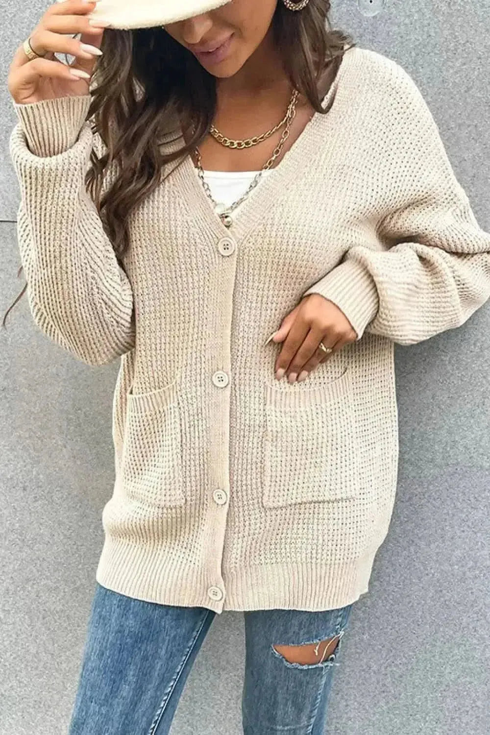 Button Front Drop Shoulder Waffle Cardigan - Bad Moms Club