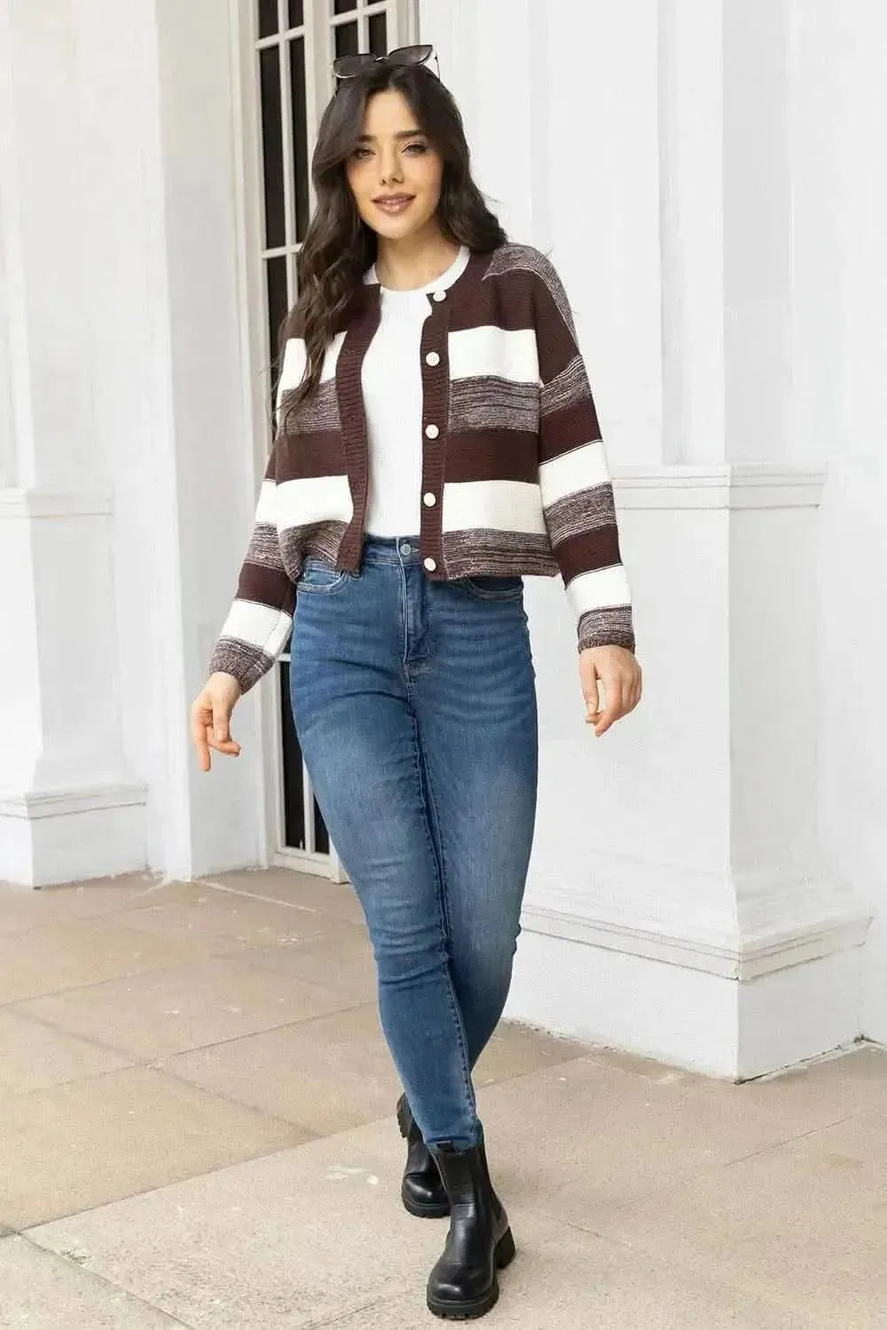 Striped Button Up Long Sleeve Cardigan - Bad Moms Club