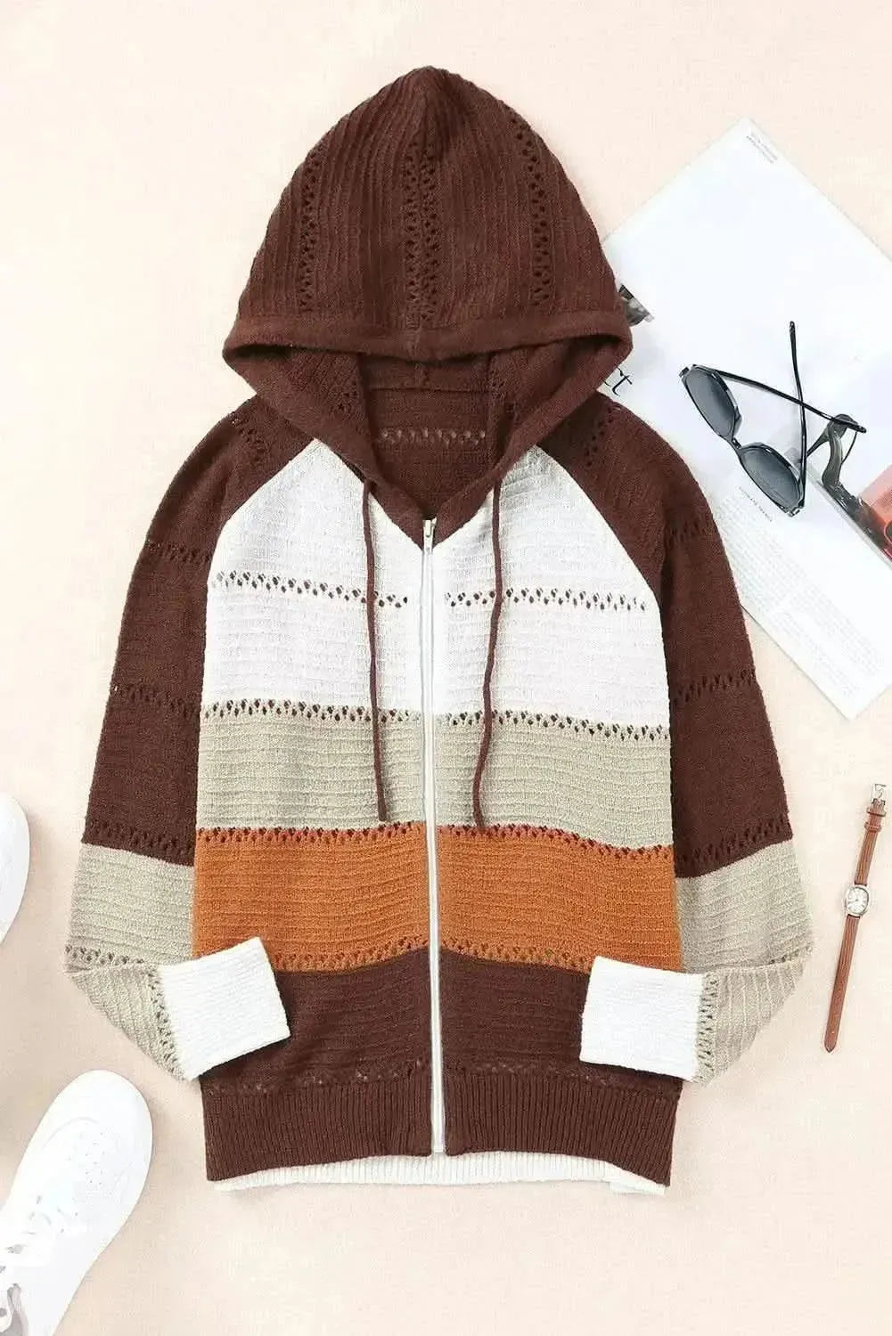 Zip-Up Raglan Sleeve Openwork Hooded Cardigan - Bad Moms Club