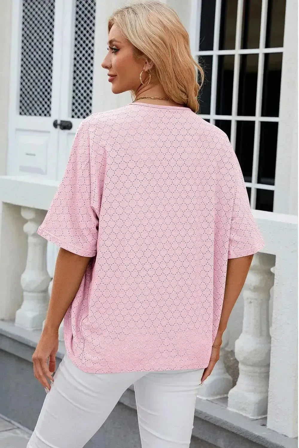 Eyelet Open Front Half Sleeve Cardigan - Bad Moms Club