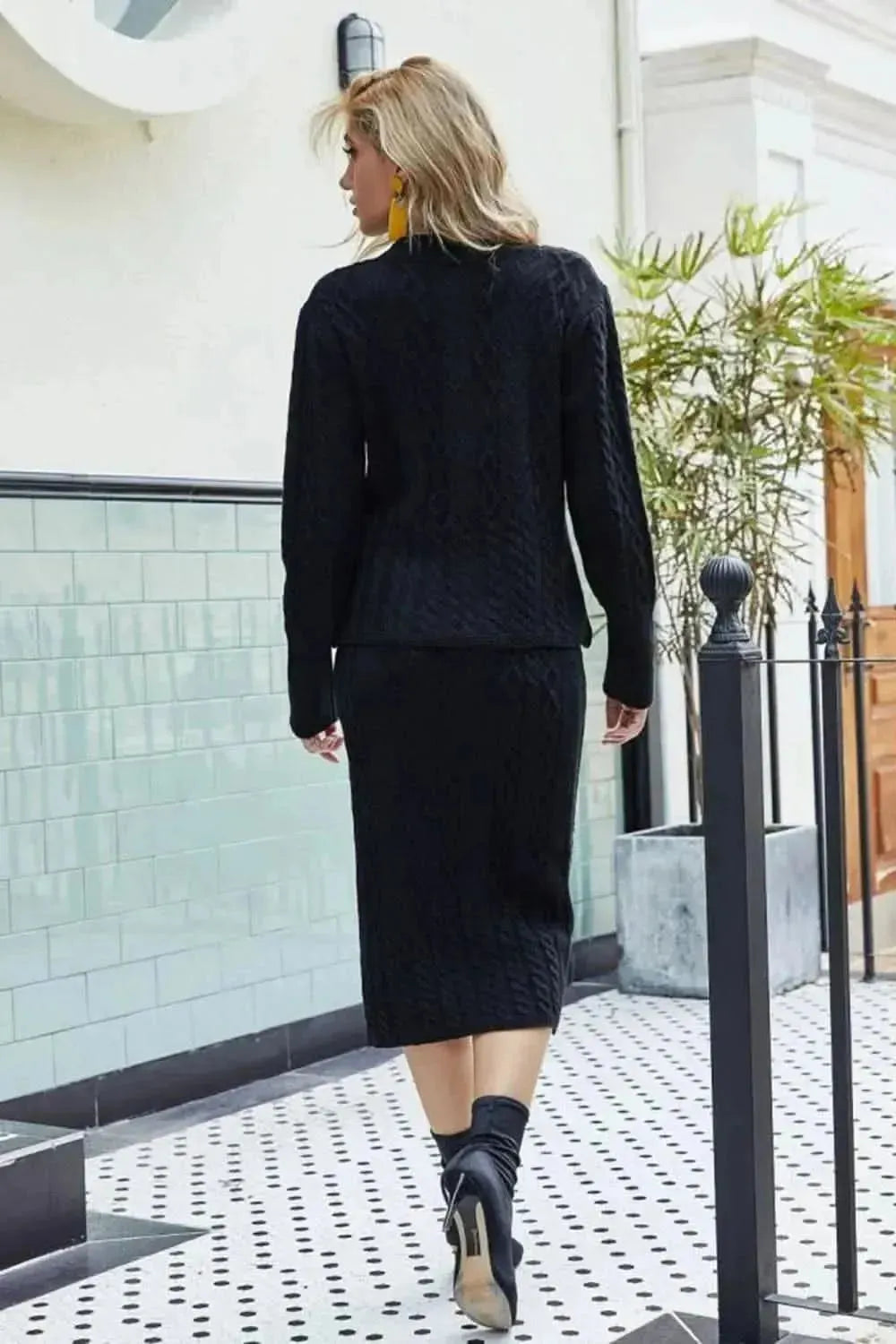Mixed Knit V-Neck Cardigan and Knit Skirt Set - Bad Moms Club