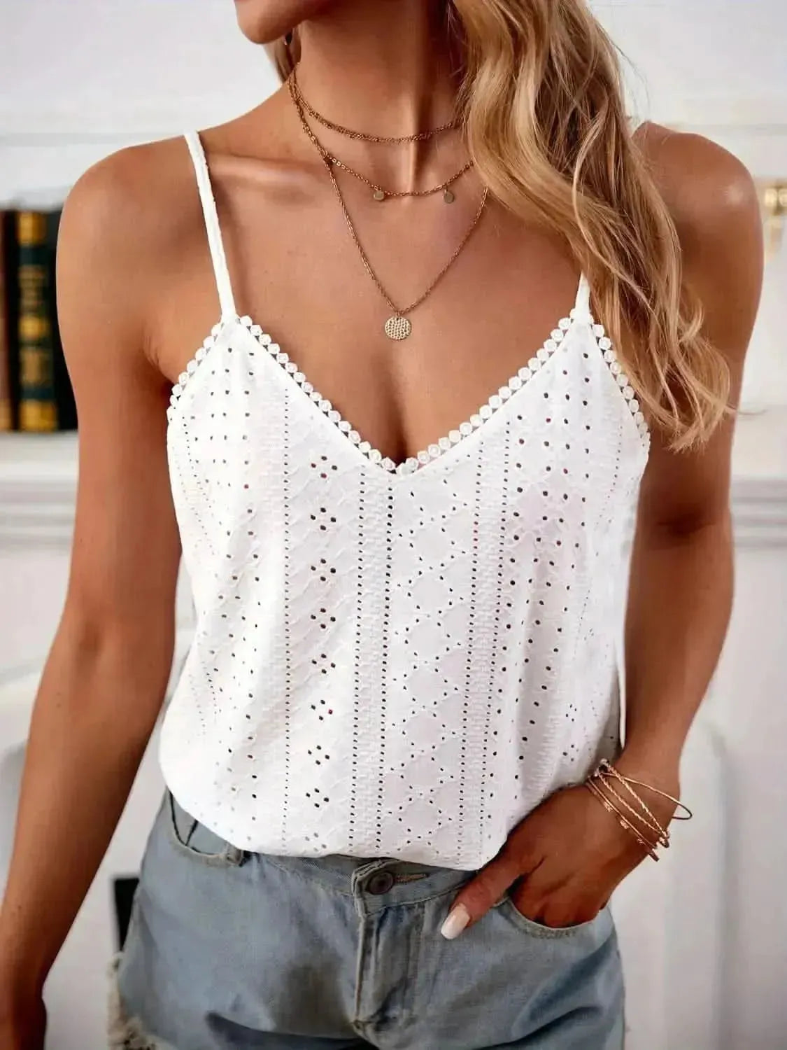 Eyelet Lace Detail V-Neck Cami - Bad Moms Club