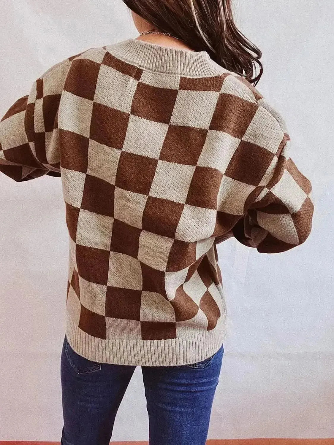 Checkered Open Front Button Up Cardigan - Bad Moms Club
