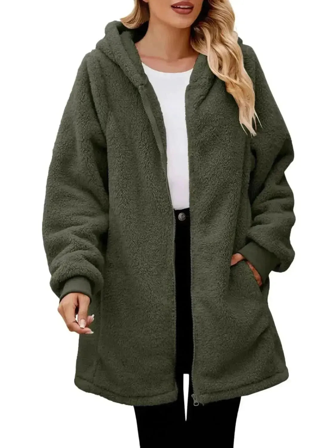 Fuzzy Pocketed Zip Up Long Sleeve Hooded Jacket - Bad Moms Club