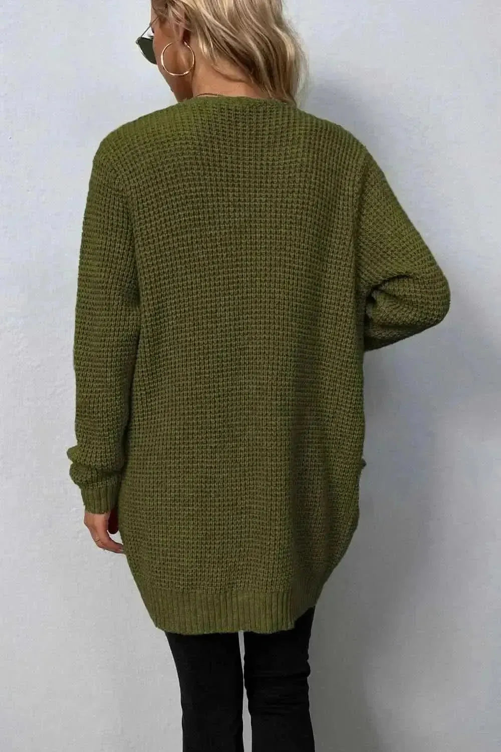 Rib-Knit Open Front Pocketed Cardigan - Bad Moms Club