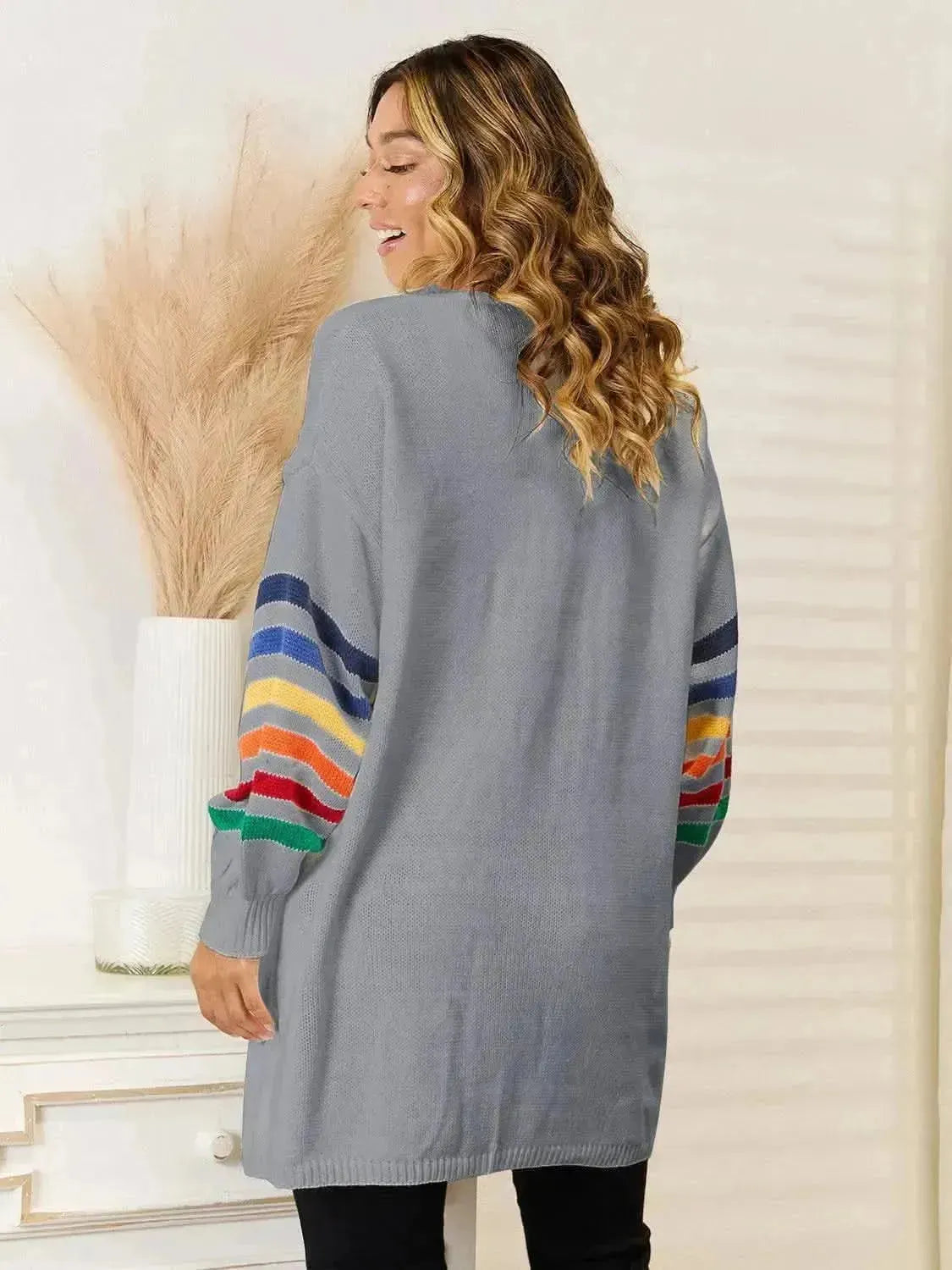 Striped Open Front Dropped Shoulder Cardigan - Bad Moms Club