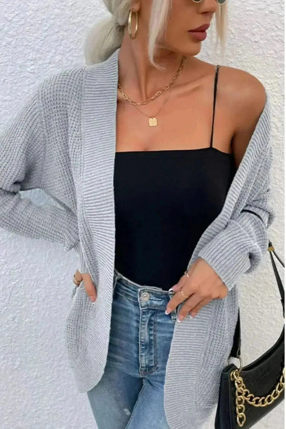 Open Front Rib-Knit Cardigan with Pockets - Bad Moms Club