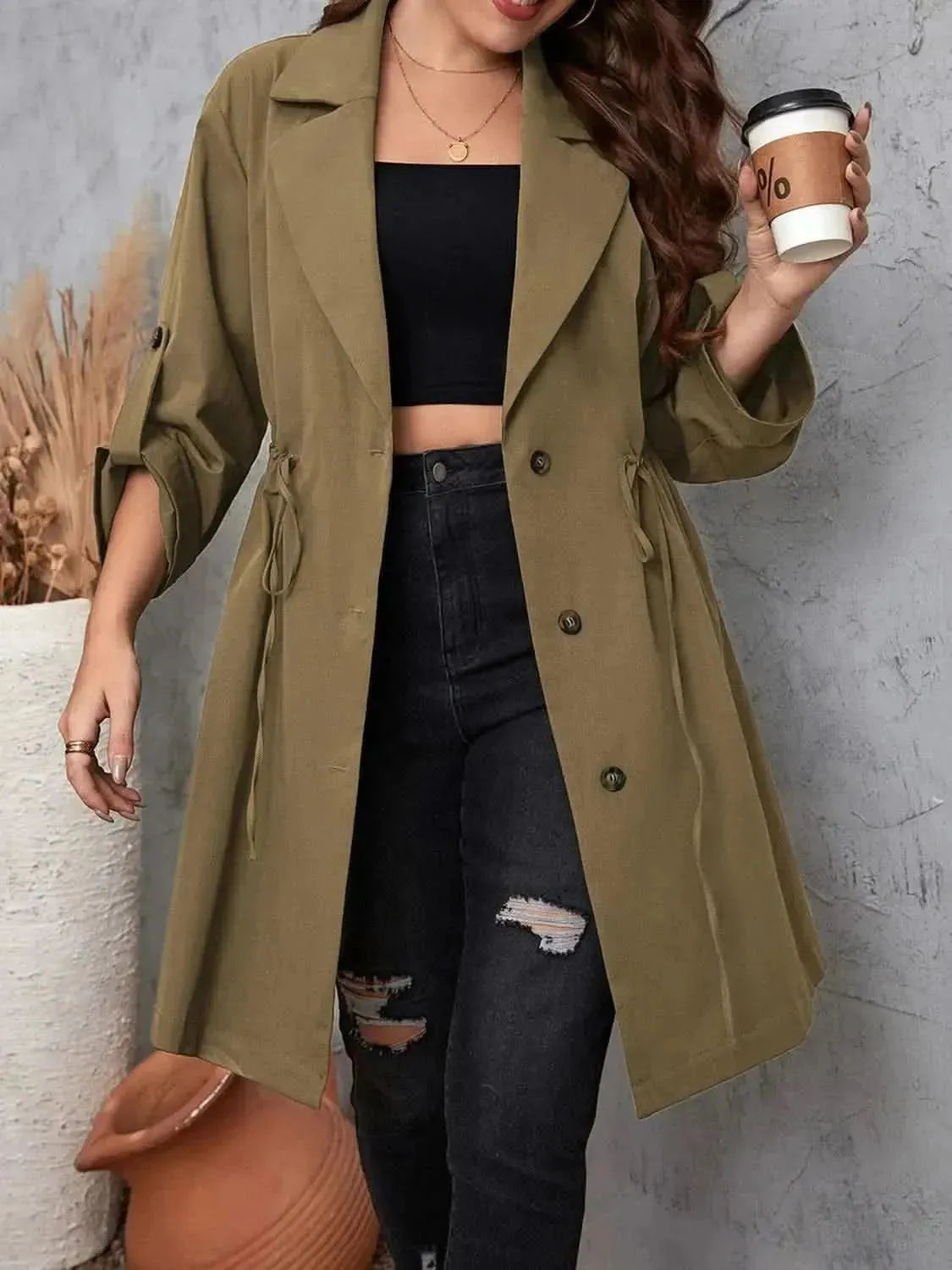 Plus Size Lapel Collar Drawstring Roll-Tab Sleeve Trench Coat - Bad Moms Club