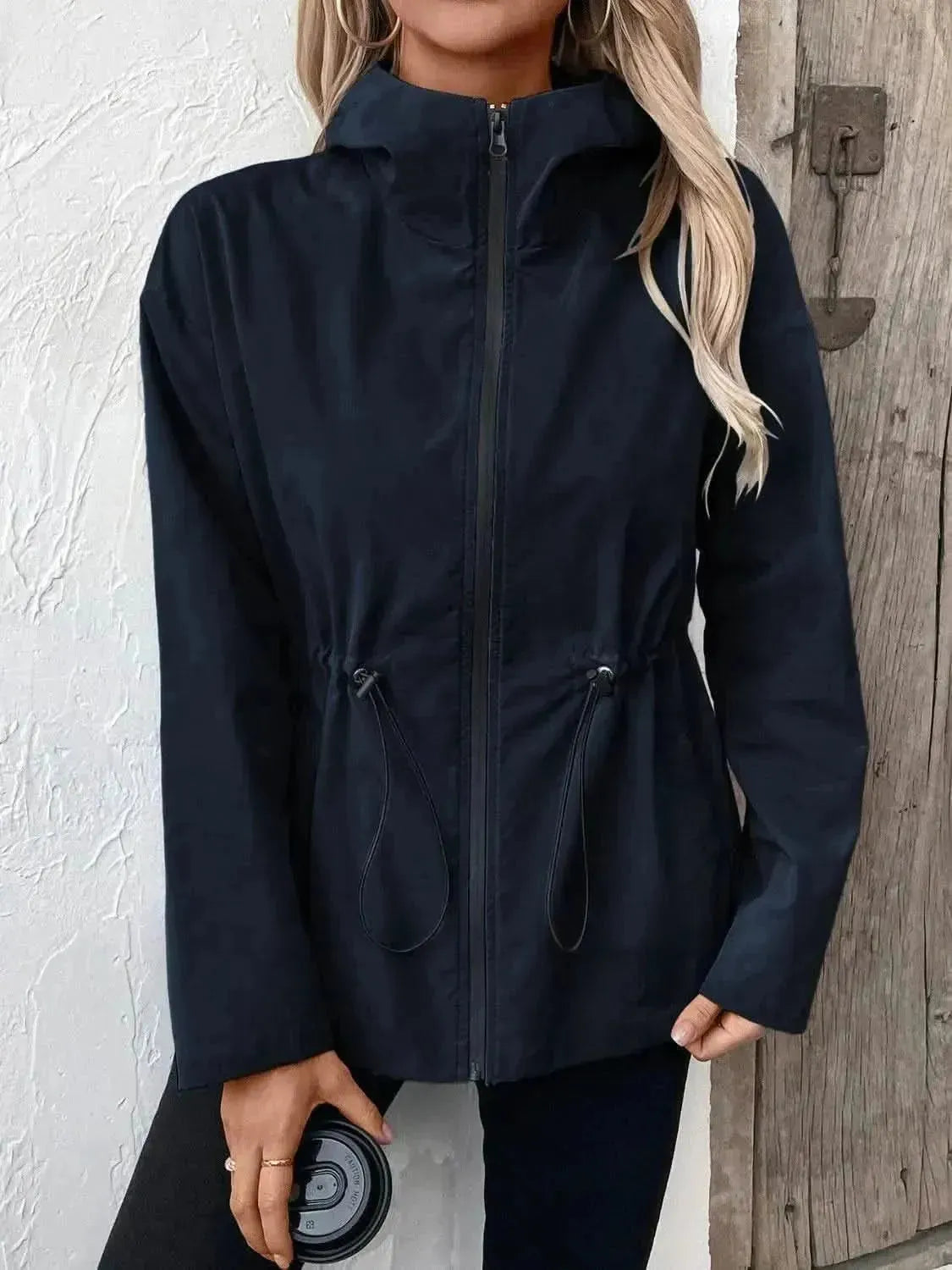 Drawstring Zip Up Hooded Jacket - Bad Moms Club