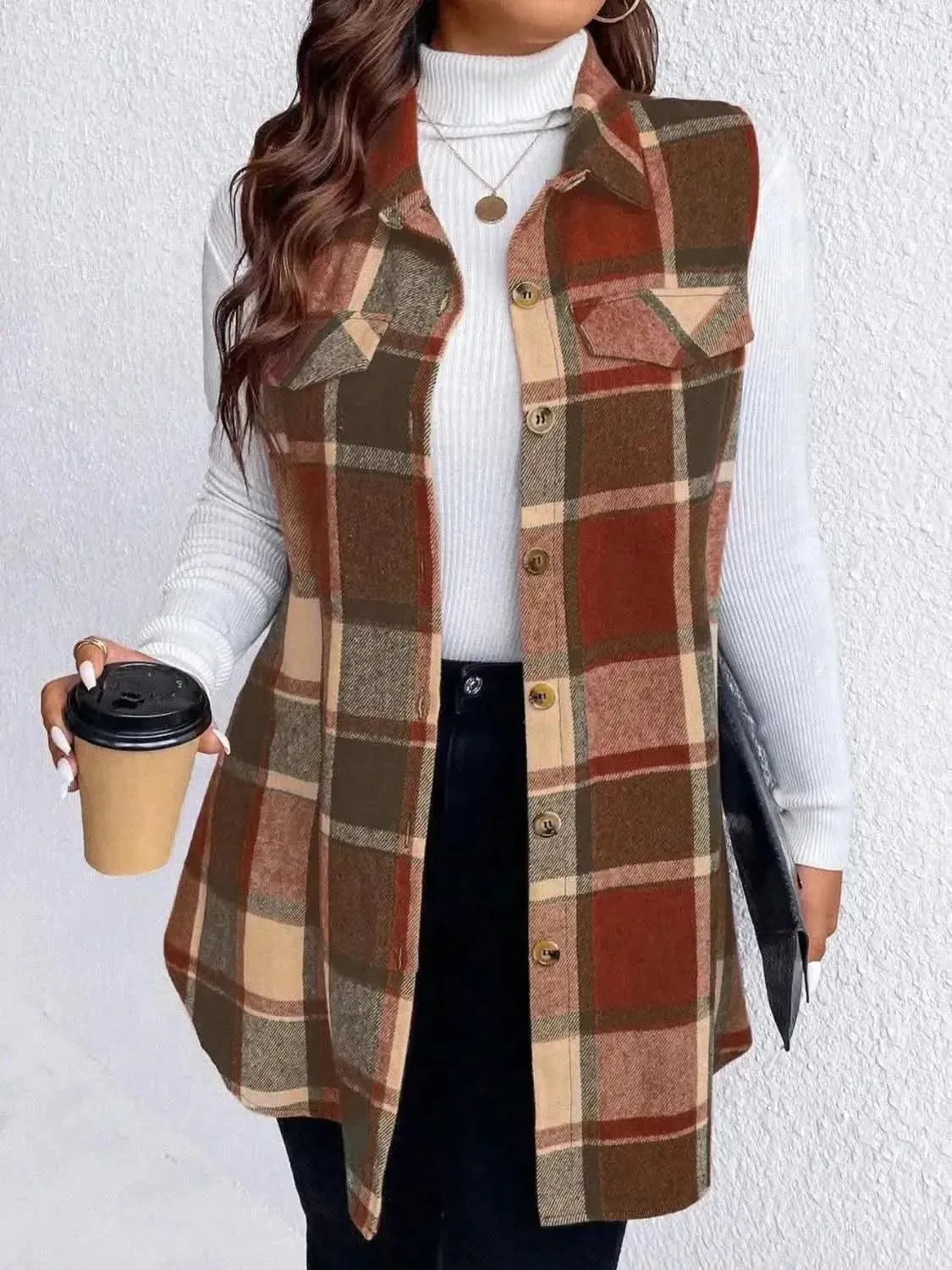 Honey Plus Size Pocketed Plaid Button Up Vest Coat - Bad Moms Club