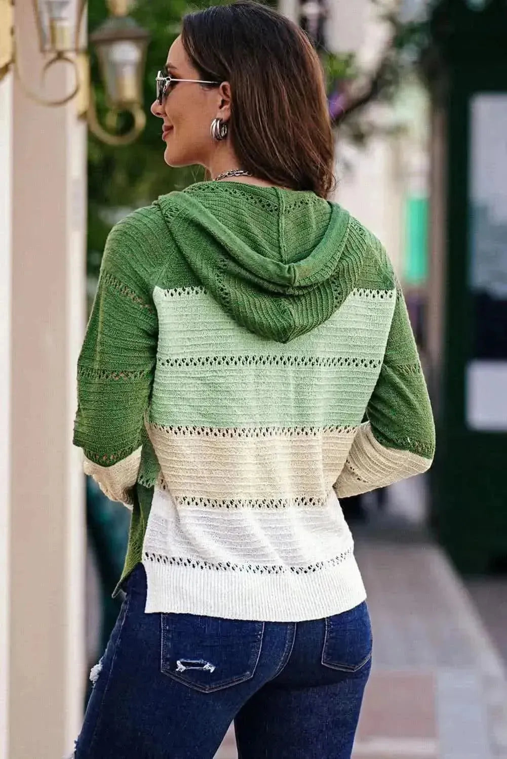 Zip-Up Raglan Sleeve Openwork Hooded Cardigan - Bad Moms Club
