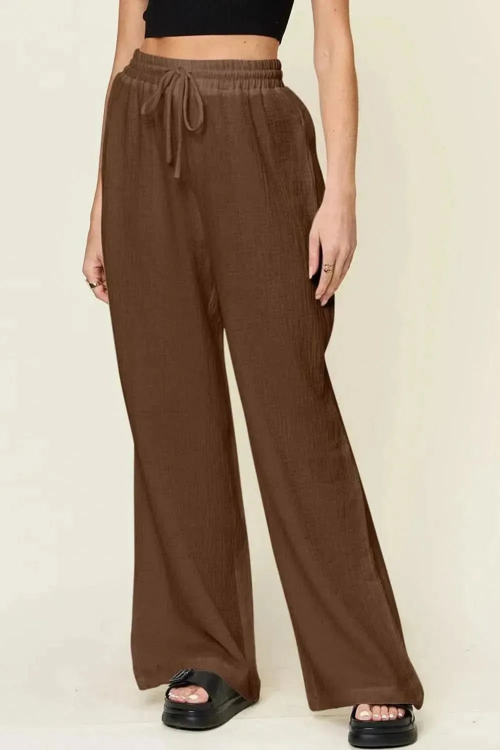 Double Take Full Size Texture Drawstring Wide Leg Pants - Bad Moms Club
