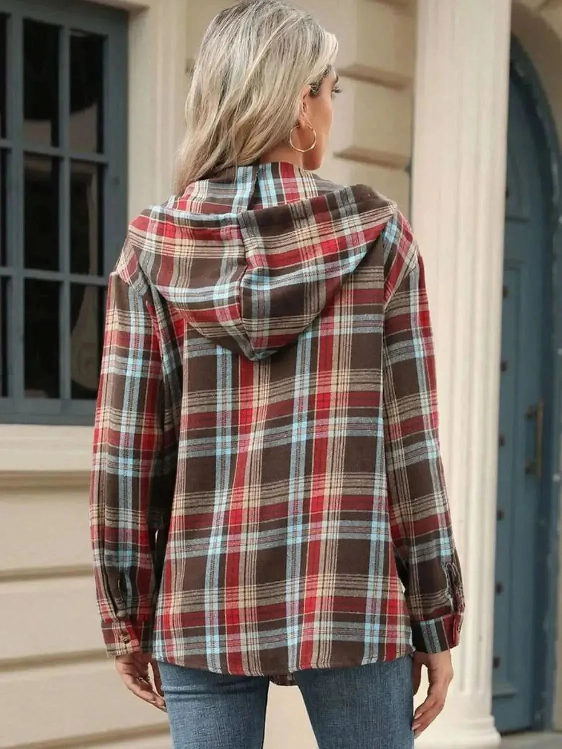 Drawstring Plaid Hooded Long Sleeve Top - Bad Moms Club