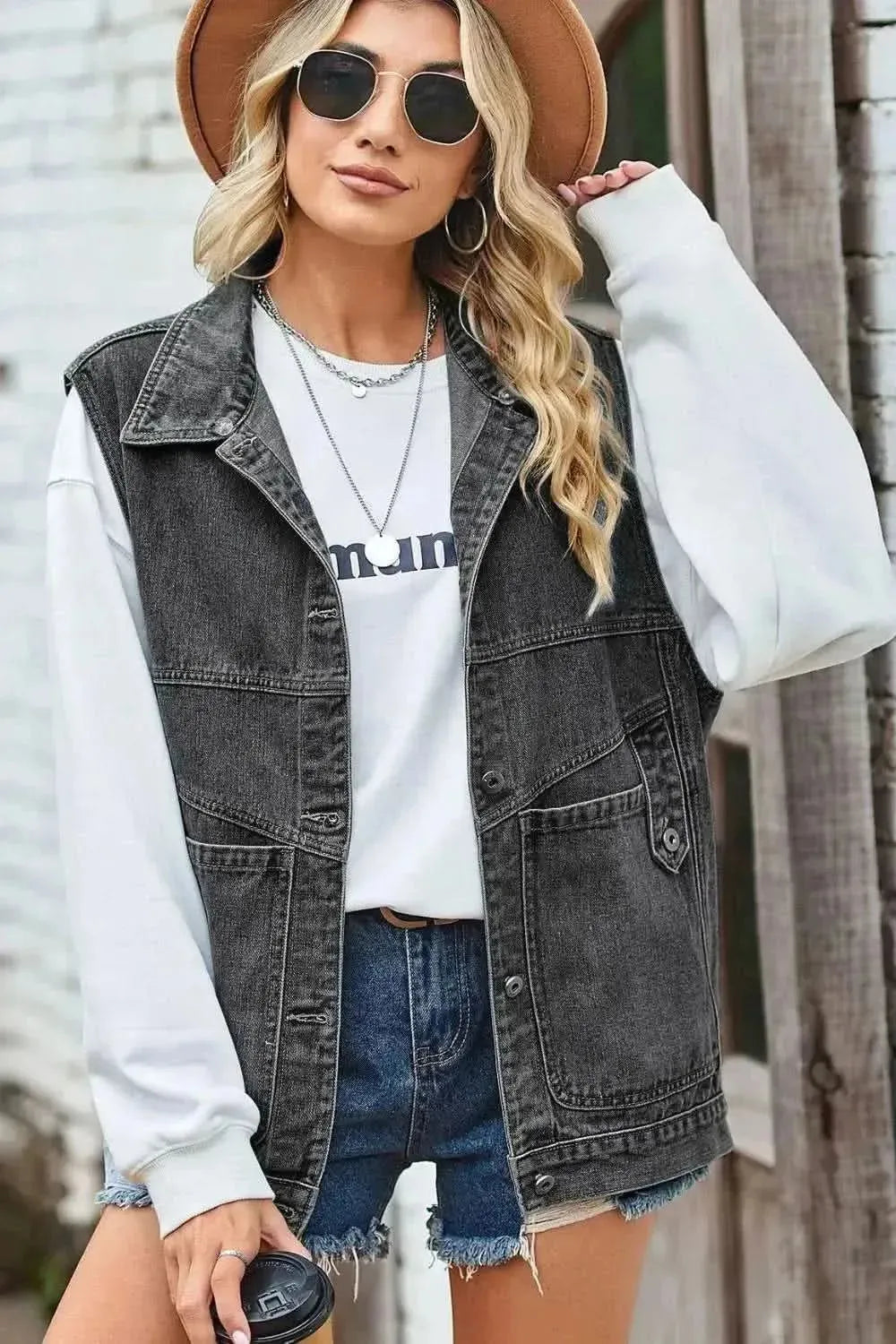 Sleeveless Denim Top with A Detachable Hood - Bad Moms Club