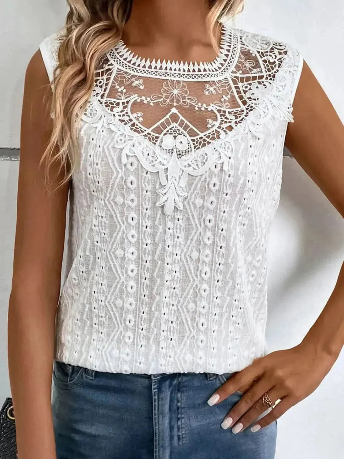 Lace Eyelet Sleeveless Top - Bad Moms Club