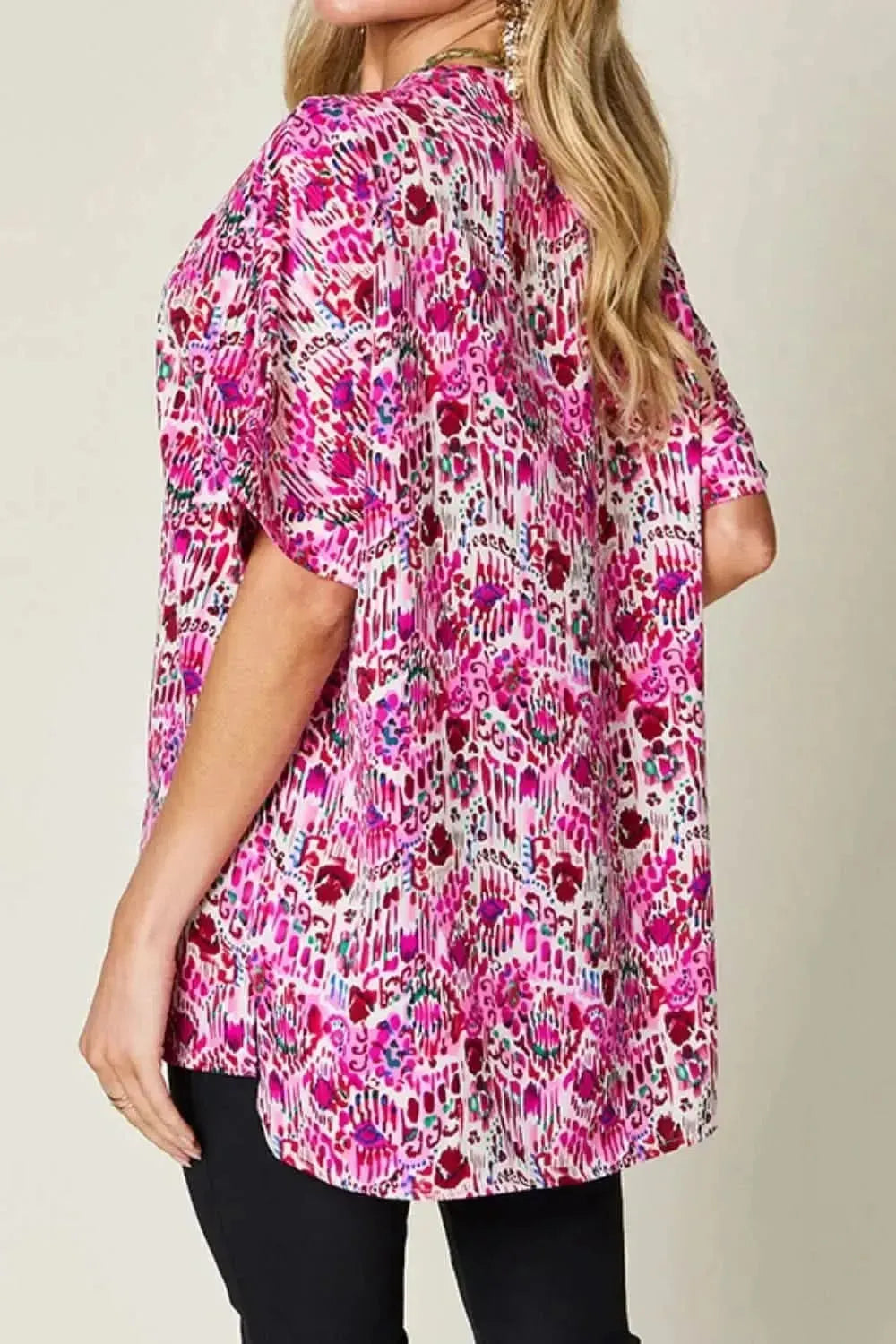 Double Take Full Size Printed V-Neck Short Sleeve Blouse - Bad Moms Club