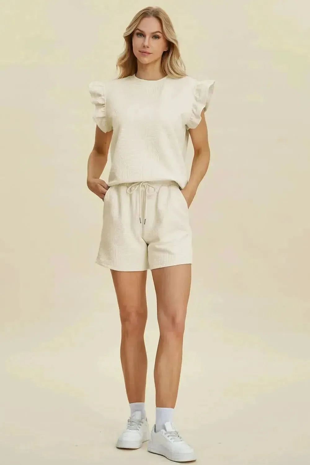 Double Take Full Size Texture Round Neck Ruffle Sleeve Top and Shorts Set - Bad Moms Club