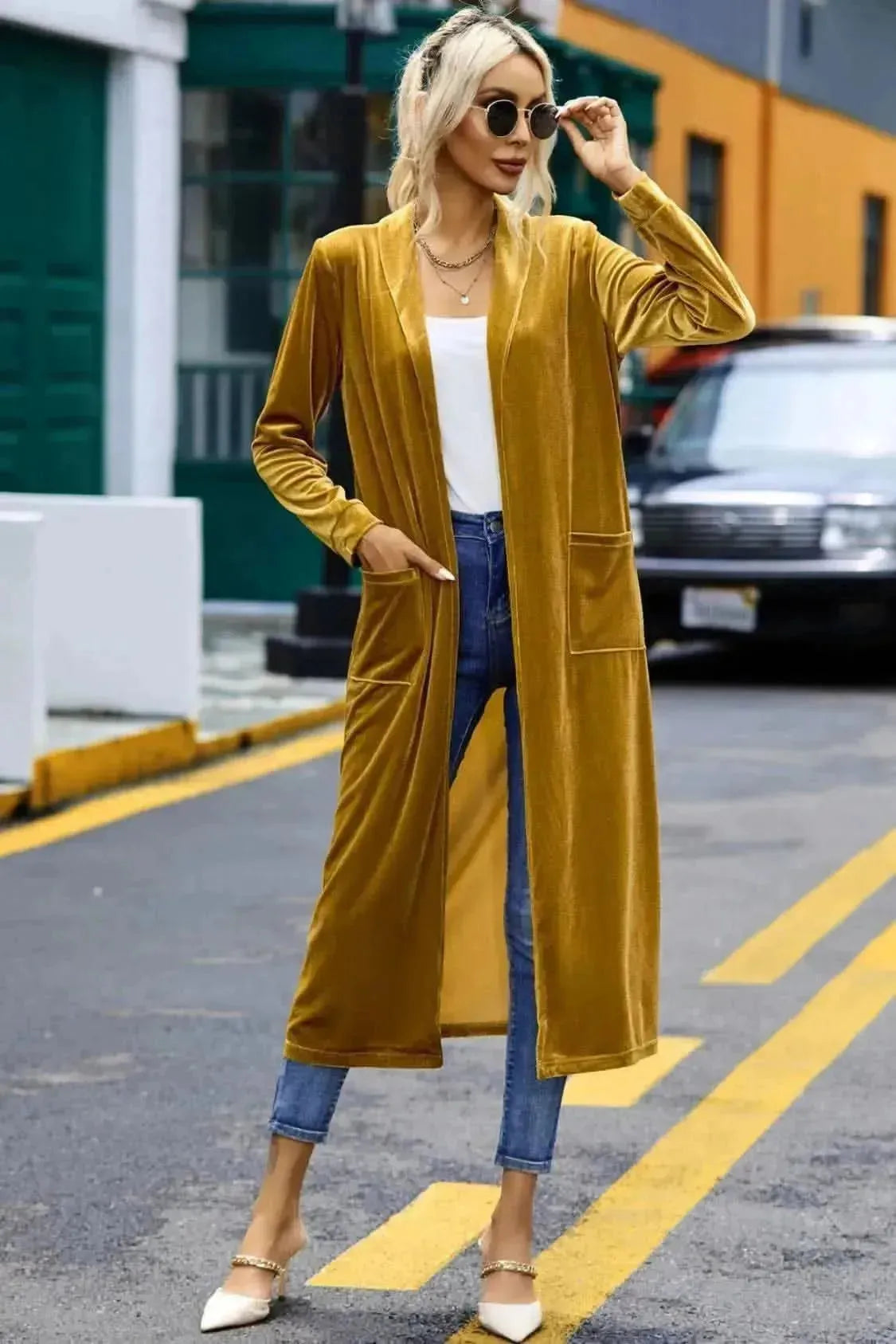 Velvet Open Front Long Cardigan with Pockets - Bad Moms Club